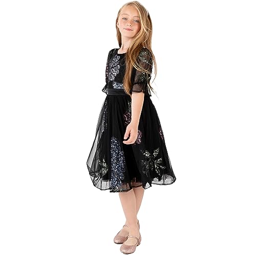 Maya Deluxe Girl's Midi Dress Floral Sequins Embellished Short Sleeve Puff Tulle Tutu Party Bridesmaids Wedding with Belt Bow, Black, 9-10 Years von Maya Deluxe