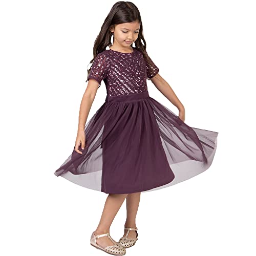 Maya Deluxe Girl's Midi Girls for Wedding with Sequin Embellishment Short Sleeve Prom Birthday Party Bridesmaid Dress, Berry, 9-10 Years von Maya Deluxe