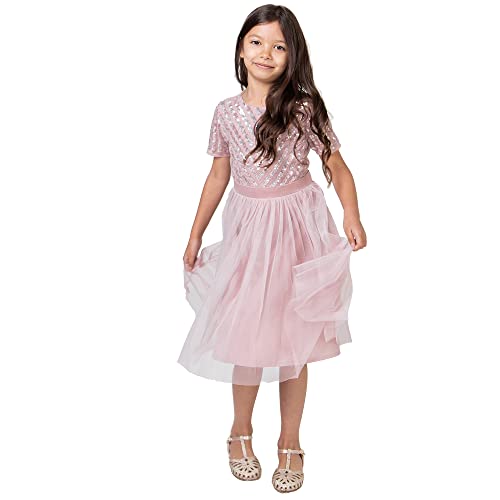 Maya Deluxe Girl's Midi Girls for Wedding with Sequin Embellishment Short Sleeve Prom Birthday Party Bridesmaid Dress, Frosted Pink, 5-6 Years von Maya Deluxe