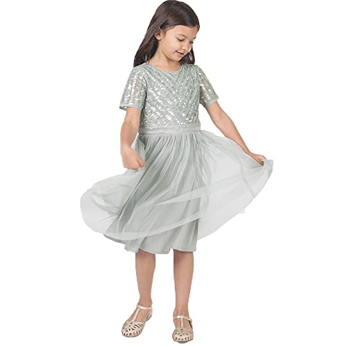 Maya Deluxe Girl's Midi Girls for Wedding with Sequin Embellishment Short Sleeve Prom Birthday Party Bridesmaid Dress, Green Lily, 7-8 Years von Maya Deluxe