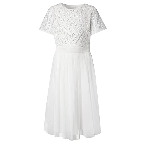 Maya Deluxe Girl's Midi Girls for Wedding with Sequin Embellishment Short Sleeve Prom Birthday Party Bridesmaid Dress, Ivory, 9-10 Years von Maya Deluxe