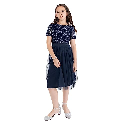 Maya Deluxe Girl's Midi Girls for Wedding with Sequin Embellishment Short Sleeve Prom Birthday Party Bridesmaid Dress, Navy, 5-6 Years von Maya Deluxe