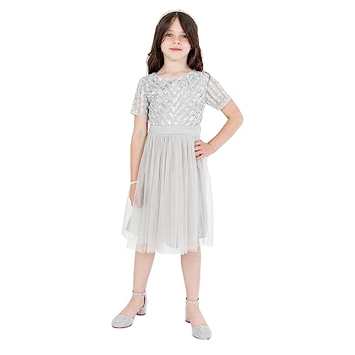 Maya Deluxe Girl's Midi Girls for Wedding with Sequin Embellishment Short Sleeve Prom Birthday Party Bridesmaid Dress, Soft Grey, 5-6 Years von Maya Deluxe