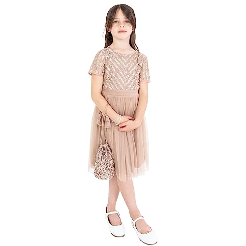 Maya Deluxe Girl's Midi Girls for Wedding with Sequin Embellishment Short Sleeve Prom Birthday Party Bridesmaid Dress, Taupe Blush, 7-8 Years von Maya Deluxe