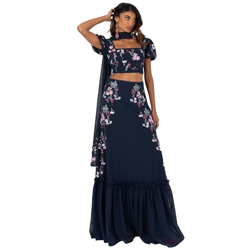 Maya Deluxe Women's Indian Traditional Dress Women Outfit Choli Lehenga Saree Skirt and Top Dupatta Coord Set for Wedding Guest Lengha, Navy Flowers, 8 von Maya Deluxe