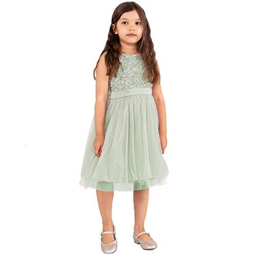 Maya Deluxe Mädchen Girls Sequin Embellished Party Tutu Bridesmaids Wedding Midi Dress With Belt Bow Kleid, Green Lily, 7-8 Jahre EU von Maya Deluxe