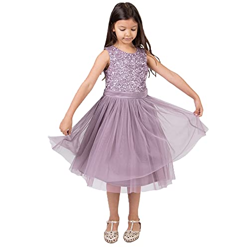 Maya Deluxe Mädchen Girls Sequin Embellished Party Tutu Bridesmaids Wedding Midi Dress With Belt Bow Kleid, Moody Lilac, 3-4 Jahre EU von Maya Deluxe