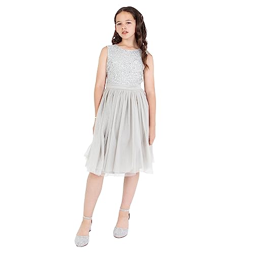 Maya Deluxe Mädchen Girls Sequin Embellished Party Tutu Bridesmaids Wedding Midi Dress With Belt Bow Kleid, Soft Grey, 7-8 Jahre EU von Maya Deluxe