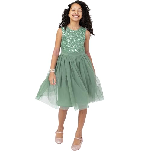 Maya Deluxe Mädchen Midi Dress for Girls Sequins Embellished Party Tutu Bridesmaids Wedding with Belt Bow Kleid, Deep Mint, 7 Years von Maya Deluxe