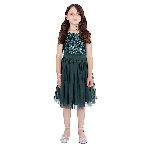 Maya Deluxe Mädchen Midi Dress for Girls Sequins Embellished Party Tutu Bridesmaids Wedding with Belt Bow Kleid, Emerald Green, 7 Years von Maya Deluxe