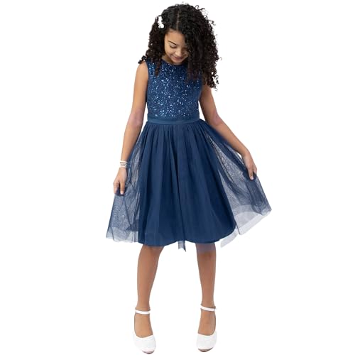 Maya Deluxe Mädchen Midi Dress for Girls Sequins Embellished Party Tutu Bridesmaids Wedding with Belt Bow Kleid, French Navy, 11 Years von Maya Deluxe