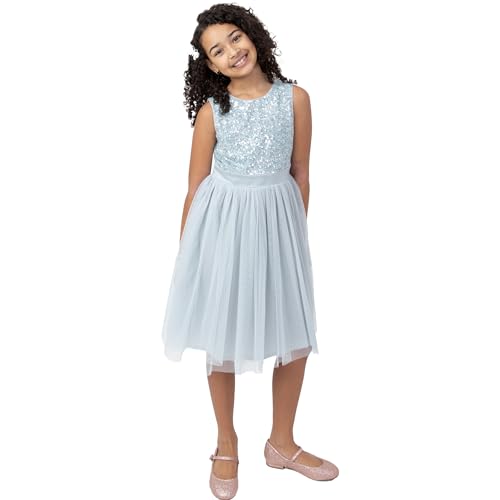 Maya Deluxe Mädchen Midi Dress for Girls Sequins Embellished Party Tutu Bridesmaids Wedding with Belt Bow Kleid, Ice Blue, 11 Years von Maya Deluxe