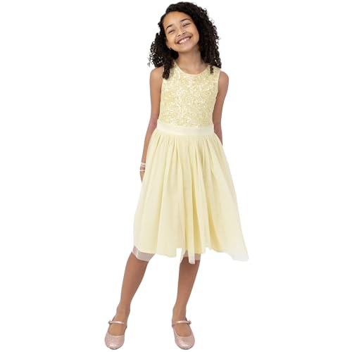 Maya Deluxe Mädchen Paillettenverziertes Hochzeit Und Geburtstag Festlich Mit Bandschleife Brautjungfernkleid Kleid, Lemon, 9-10 Jahre EU von Maya Deluxe