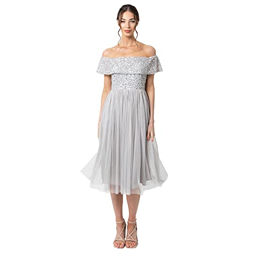 Maya Deluxe Damen Maya Deluxe Women's Bardot Dresses for Women Midi High Empire Waist Sequins Embellished Formal Eveni Bridesmaid Dress, Soft Grey, 36 EU von Maya Deluxe