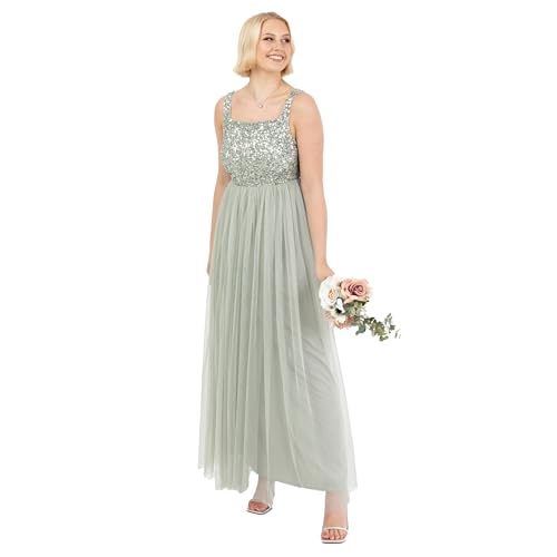 Maya Deluxe Women's Damen Maxikleid mit Breiten Trägern, Ärmellos, Quadratischer Ausschnitt, Verziert für Hochzeit, Gast, Abschlussball Bridesmaid Dress, Green Lily, 48 von Maya Deluxe