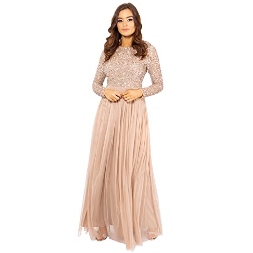 Maya Deluxe Women's Damen Kleid für Hochzeitsgast Übergröße Groß Reich Hohe Taille Pailletten Langarm Lang Abschlussball Abend Bridesmaid Dress, Taupe Blush, 48 EU von Maya Deluxe