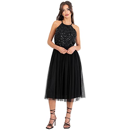 Maya Deluxe Women's Damen Womens Ladies Midi with Halter Neck Tulle for Evening Graduation Prom Wedding Ball Gown Bridesmaid Dress, Black, 42 von Maya Deluxe