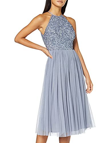 Maya Deluxe Women's Dusty Blue Embellished Halter Neck Midi Bridesmaid Dress, 40 von Maya Deluxe