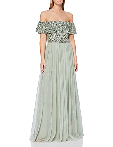 Maya Deluxe Women's Ladies Bardot Women Maxi Embellished Hight Empire Waist Sleveless Tulle for Wedding Guest Prom Bridesmaid Dress, Green Lily, 42 von Maya Deluxe
