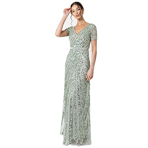 Maya Deluxe Damen Maxi Women's Embellished Sequin Long Short Sleeve V Neck High Empire Waist Cut Shiny Prom We Bridesmaid Dress, Grün, 40 EU von Maya Deluxe