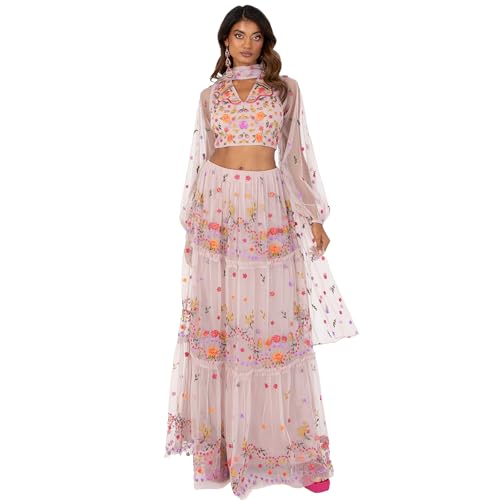 Maya Deluxe Women's Indian Traditional Dress Women Outfit Choli Lehenga Saree Skirt and Top Dupatta Coord Set for Wedding Guest Lengha, Pink Embroidered, 14 von Maya Deluxe