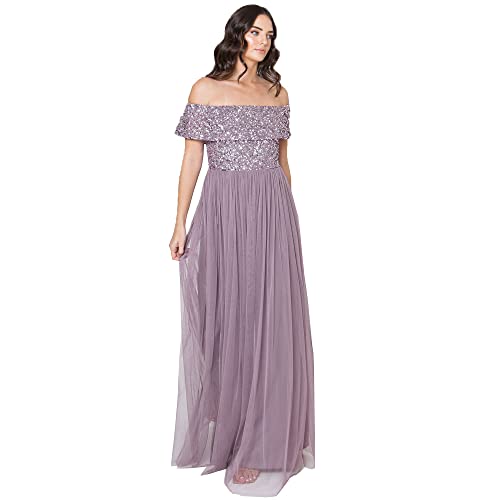 Maya Deluxe Women's Ladies Bardot Women Maxi Embellished Hight Empire Waist Sleveless Tulle for Wedding Guest Prom Bridesmaid Dress, Moody Lilac, 38 von Maya Deluxe