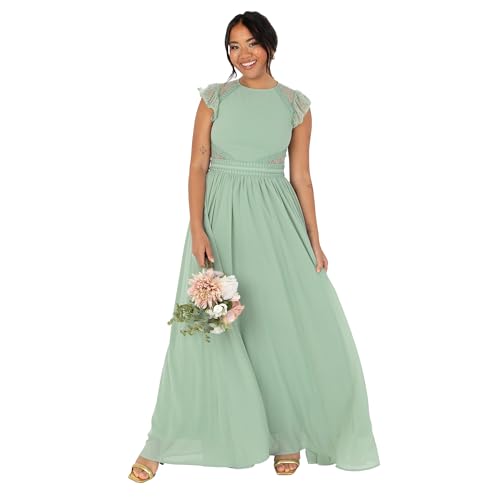 Maya Deluxe Women's Ladies Maxi Crew Neckline Short Flutter Sleeve Lace Trim A-line for Wedding Guest Evening Prom Ball Gown Dress, Deep Sage, 42 von Maya Deluxe