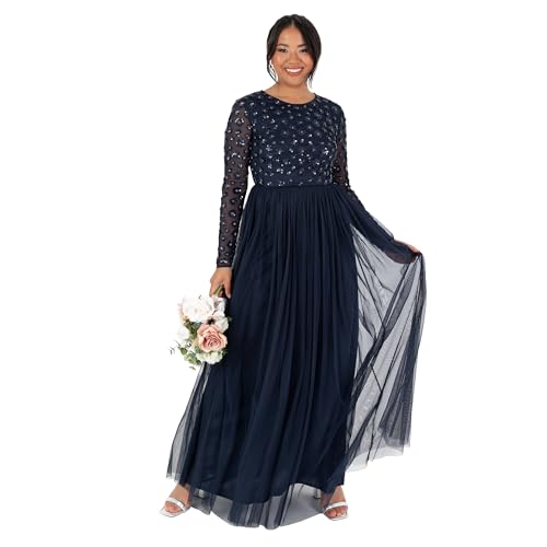 Maya Deluxe Women's Ladies Maxi Dress Long Sleeve Round Neck Sequin Embellished Tulle Floral A-line for Occasion Prom Ball Gown, Marineblau 38 von Maya Deluxe