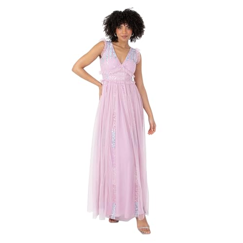 Maya Deluxe Women's Ladies Maxi Dress Plunge V-Neck Short Flutter Sleeve Sequin Embellished Ruffle Tulle A-line Prom Ball Gown Rosa 44 von Maya Deluxe