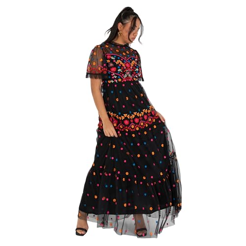Maya Deluxe Women's Ladies Maxi Dress Short Sleeve High Neck Embroidered Ruffle Frilly Tulle A-line for Occasion Evening Ball Gown Schwarz 38 von Maya Deluxe