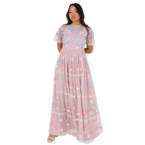 Maya Deluxe Women's Ladies Maxi Dress Short Sleeve Round Neck Floral Embroidered Tulle Lace A-line for Bridesmaid Wedding Guest Prom Gedecktes Rosé 44 von Maya Deluxe
