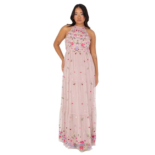 Maya Deluxe Women's Ladies Maxi Dress Sleeveless Halterneck Tiered Floral Embroidered A-line for Wedding Guest Evening Ball Gown Frostrosa 48 von Maya Deluxe