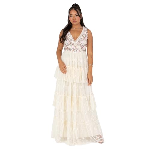 Maya Deluxe Women's Ladies Maxi Dress Sleeveless V-Neckline Wrap Tiered Ruffle Sequin Embellished Embroidered Tulle A-line Ball Gown Ecru 48 von Maya Deluxe