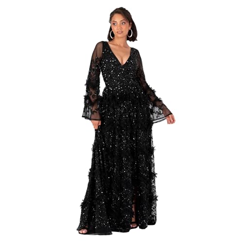 Maya Deluxe Women's Ladies Maxi Dress V Neckline Sequin with Ruffle Empire Waist Slit Split for Prom Ball Bridesmaid Wedding Guest, Schwarz 38 von Maya Deluxe