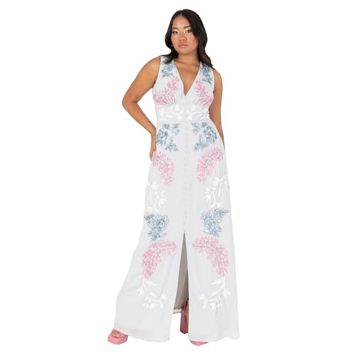 Maya Deluxe Women's Ladies Maxi Dress V-Neckline Sleeveless Floral Sequin Embellished Button Front Slit for Wedding Guest Occasion Hellgrau 40 von Maya Deluxe