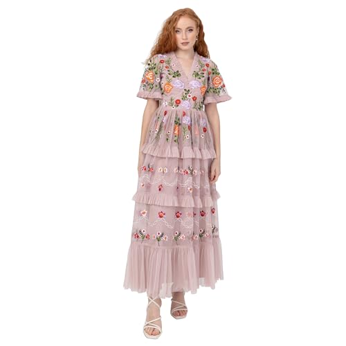 Maya Deluxe Damen Women's Ladies Midi V-Neck Short Sleeve Floral Embroidered Ruffle Lace Tulle Tiered A-line for Wedding Guest Prom Dress, Blush Pink, 36 EU von Maya Deluxe