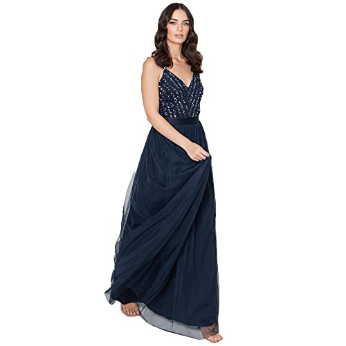 Maya Deluxe Damen Maya Deluxe Maxi Evening Dress Women's Elegant for Wedding With V-neck Tulle Dress Women's With Bow Brautjungfernkleid, Navy, 34 EU von Maya Deluxe