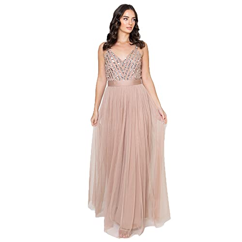 Maya Deluxe Women's Maxi Abendkleid Elegant für Hochzeit mit V-Ausschnitt Tüllkleid Damen, Taupe Blush, 46 von Maya Deluxe