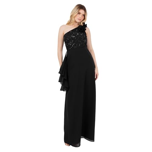 Maya Deluxe Women's Maxi Dress Ladies One Shoulder Necklline Sleeveless Sequin Embellished Rosette A-line Evening Prom Ball Gown, Schwarz 38 von Maya Deluxe