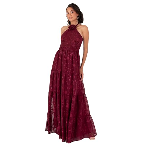 Maya Deluxe Women's Maxi Dress Ladies Sleeveless Halterneck Floral Corsage Chiffon Jacquard A-line Tiered Evening Occasion Prom, Beerenrot 34 von Maya Deluxe