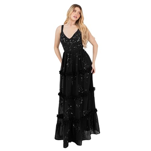 Maya Deluxe Women's Maxi Dress Ladies Sleeveless V-Neck Sequin Embellished Floral Ruffle Chiffon A-line Open Back Tie Prom Ball Gown, Schwarz 40 von Maya Deluxe
