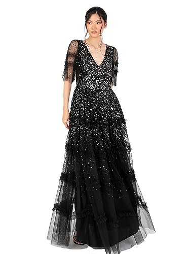 Maya Deluxe Women's Maxi Dress Ladies V-Neck Sequin Embellished Ruffle Detail for Wedding Guest Bridesmaid Prom Occasion Ball Gown Kleid, Black, 42 Maya Deluxe Women's Maxi Dress Ladies V-Neck Sequin Embellished Ruffle Detail for Wedding Guest Bridesmaid Prom Occasion Ball Gown Kleid, Black, 42 von Maya Deluxe