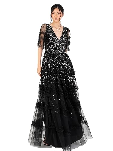 Maya Deluxe Women's Maxi Dress Ladies V-Neck Sequin Embellished Ruffle Detail for Wedding Guest Bridesmaid Prom Occasion Ball Gown Kleid, Black, 48 von Maya Deluxe
