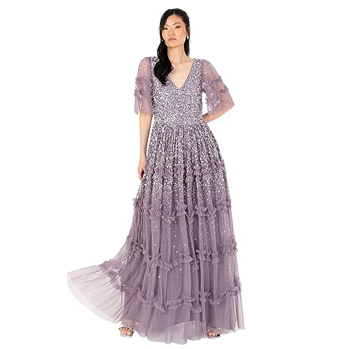 Maya Deluxe Women's Maxi Dress Ladies V-Neck Sequin Embellished Ruffle Detail for Wedding Guest Bridesmaid Prom Occasion Ball Gown Kleid, Moody Lilac, 42 von Maya Deluxe