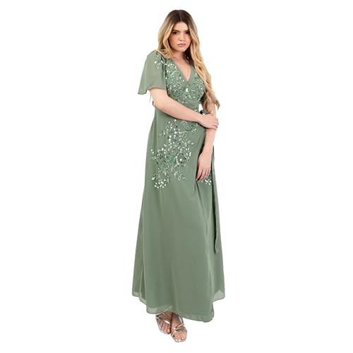 Maya Deluxe Women's Maxi Dress Ladies V-Neck Short Angel Sleeve Wrap Sequin Embellished Chiffon Tie Evening Occasion Prom Ball Gown, Grün 38 von Maya Deluxe