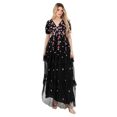 Maya Deluxe Women's Maxi Dress Ladies V-Neck Short Puff Sleeve Floral Embroidered Tiered Ruffle Tulle A-line Keyhole Back Evening, Schwarz 40 von Maya Deluxe