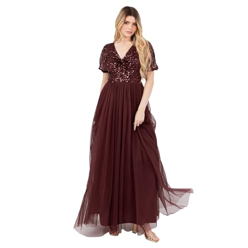 Maya Deluxe Women's Maxi Dress Ladies V-Neck Short Puff Sleeve Sequin Embellished Twist Front Tulle A-line Bridesmaid Prom Ball Gown, Cranberry 44 von Maya Deluxe
