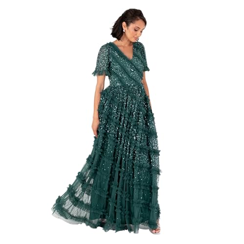 Maya Deluxe Women's Maxi Dress Ladies V-Neck Short Sleeve Sequin Embellished Ruffle Tulle A-line Bridesmaid Evening Prom Ball Gown, Smaragdgrün 50 von Maya Deluxe