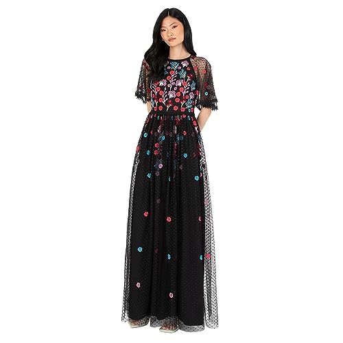 Maya Deluxe Women's Maxi Ladies Ball Gown for Wedding Guest Short Sleeve Polka Dot Floral Sequin Embellished Prom Occasion Dress, Black, 32 von Maya Deluxe