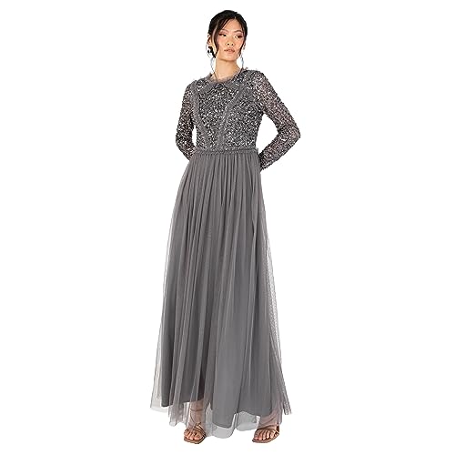 Maya Deluxe Women's Maxi Ladies Crew Neck Long Sleeve Sequin Embellished Tulle Ruffle for Wedding Guest Bridesmaid Ball Gown Dress, Charcoal, 32 von Maya Deluxe